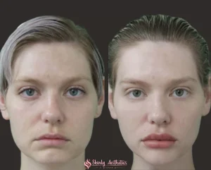 Lip filler before and after showing a noticeable increase in lip volume